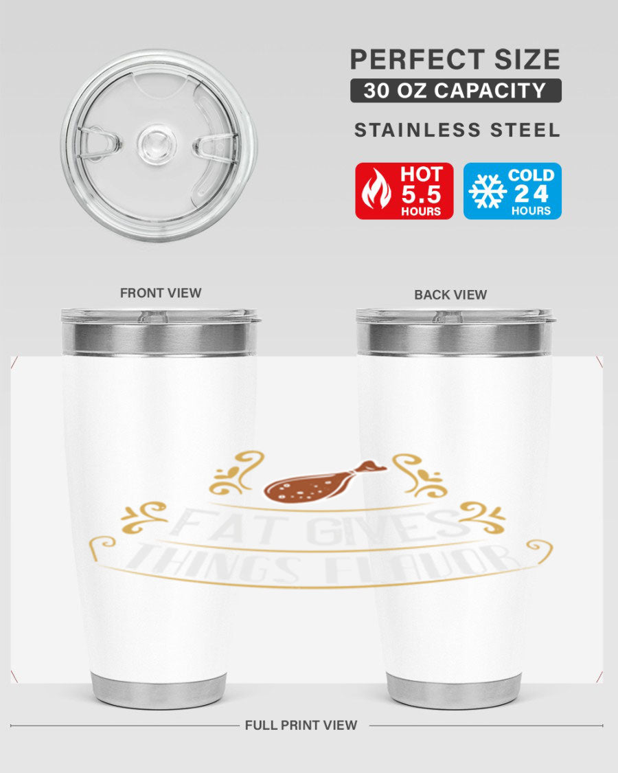 Fat Gives Things Flavor 41# Tumbler in stainless steel with a drink-thru lid, showcasing its sleek design and copper lining.
