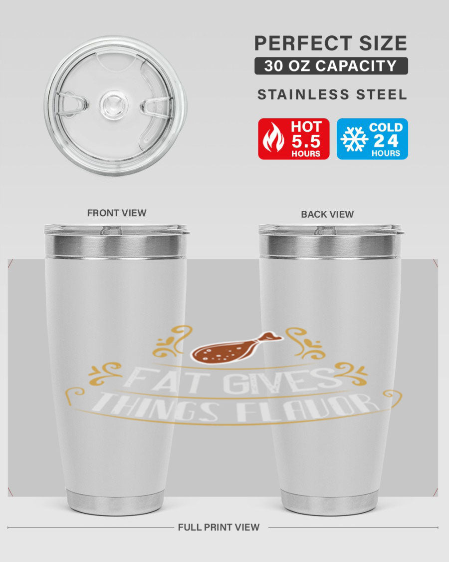 Fat Gives Things Flavor 41# Tumbler in stainless steel with a drink-thru lid, showcasing its sleek design and copper lining.