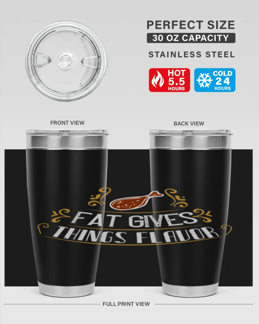 Fat Gives Things Flavor 41# Tumbler in stainless steel with a drink-thru lid, showcasing its sleek design and copper lining.