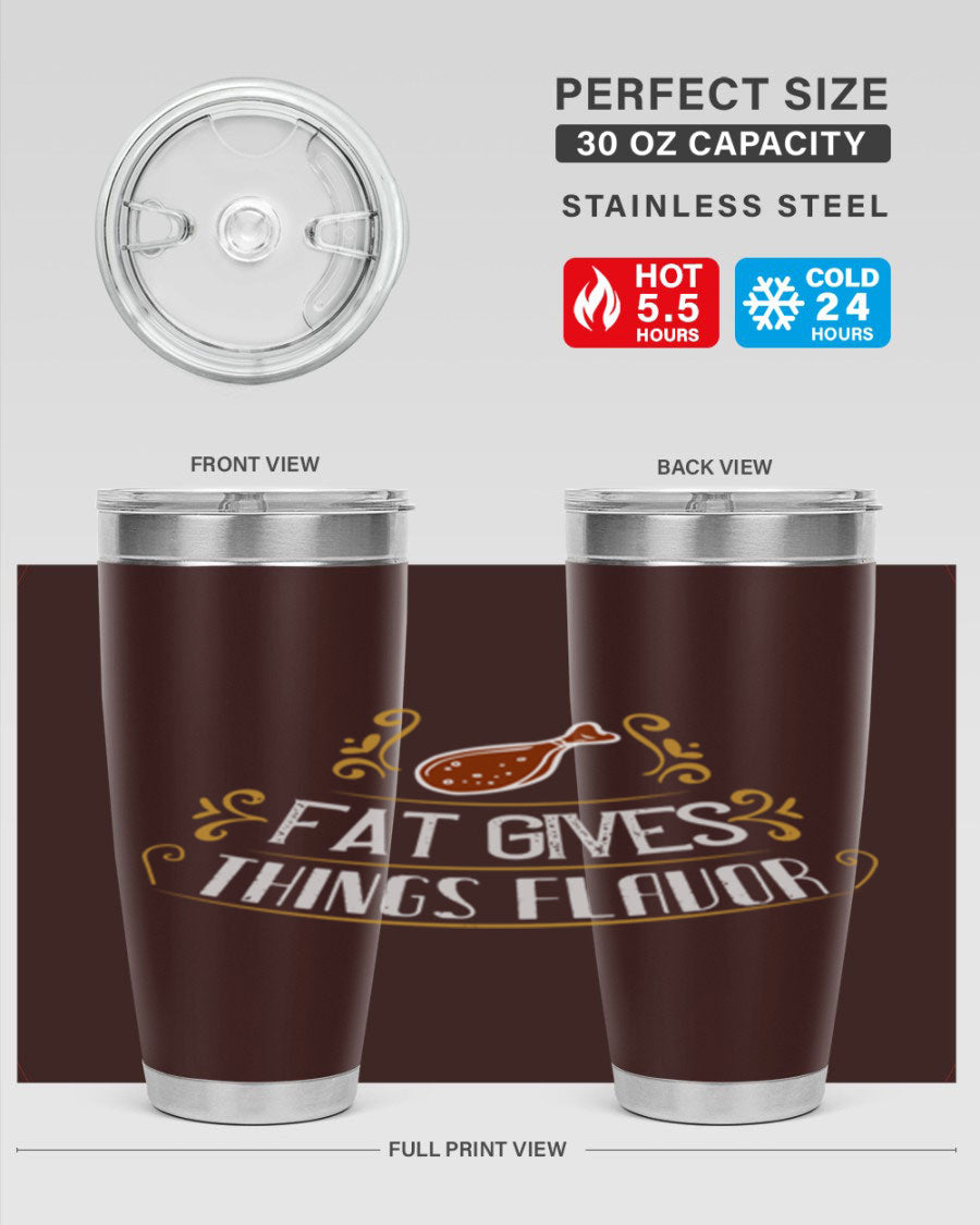 Fat Gives Things Flavor 41# Tumbler in stainless steel with a drink-thru lid, showcasing its sleek design and copper lining.