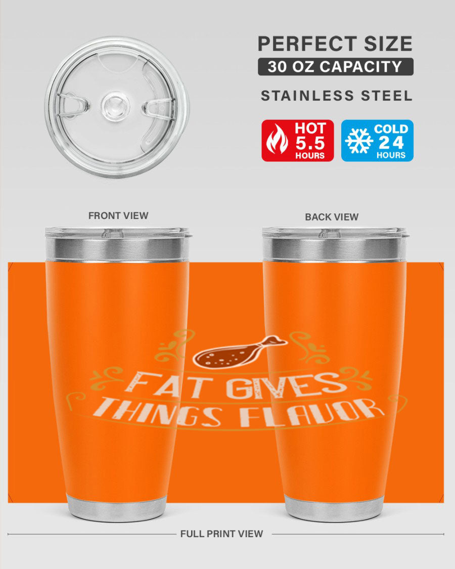 Fat Gives Things Flavor 41# Tumbler in stainless steel with a drink-thru lid, showcasing its sleek design and copper lining.