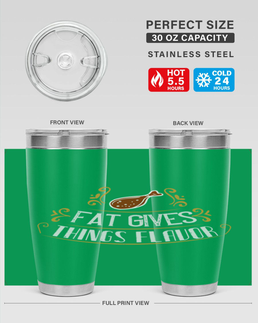 Fat Gives Things Flavor 41# Tumbler in stainless steel with a drink-thru lid, showcasing its sleek design and copper lining.