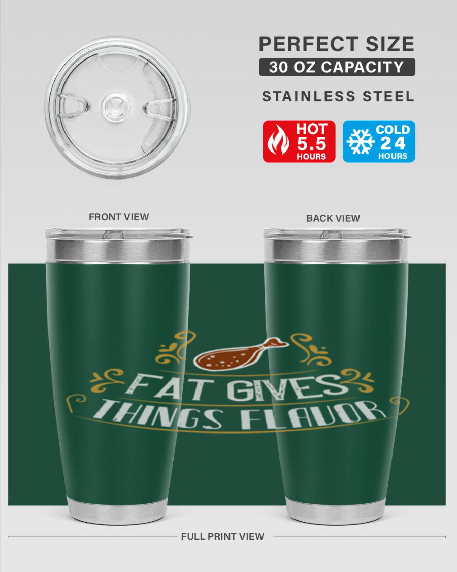 Fat Gives Things Flavor 41# Tumbler in stainless steel with a drink-thru lid, showcasing its sleek design and copper lining.