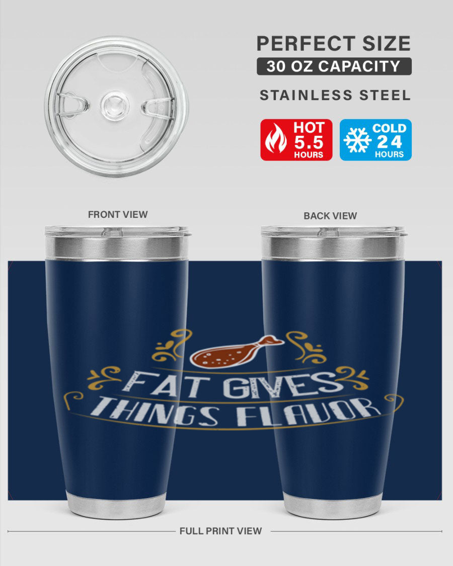 Fat Gives Things Flavor 41# Tumbler in stainless steel with a drink-thru lid, showcasing its sleek design and copper lining.