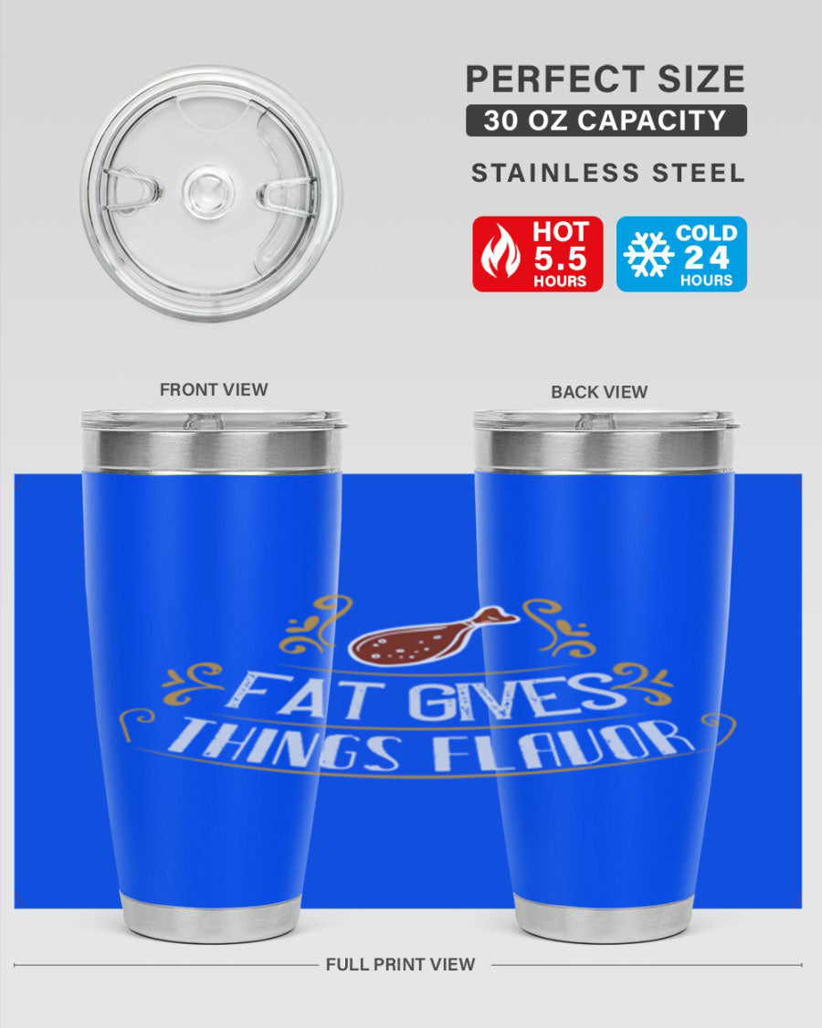 Fat Gives Things Flavor 41# Tumbler in stainless steel with a drink-thru lid, showcasing its sleek design and copper lining.