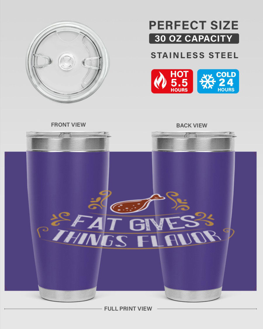 Fat Gives Things Flavor 41# Tumbler in stainless steel with a drink-thru lid, showcasing its sleek design and copper lining.