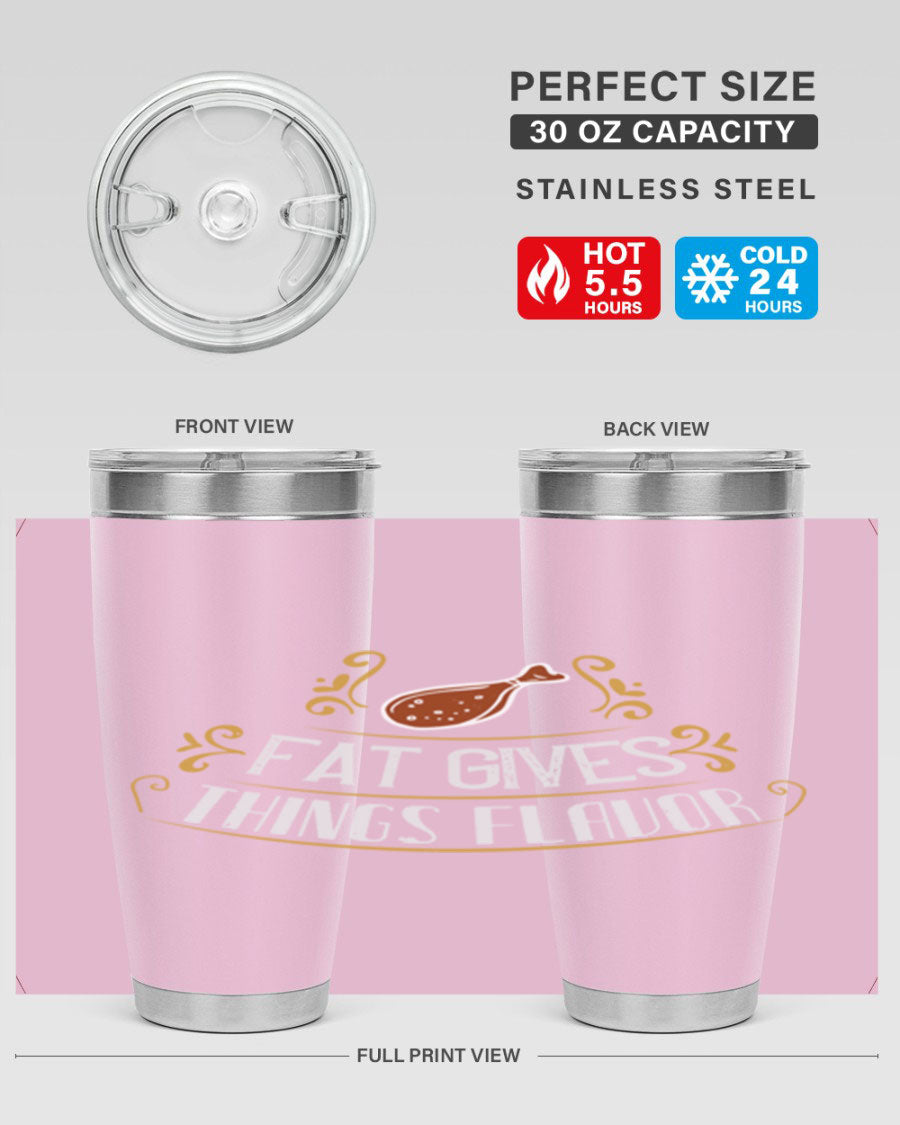 Fat Gives Things Flavor 41# Tumbler in stainless steel with a drink-thru lid, showcasing its sleek design and copper lining.
