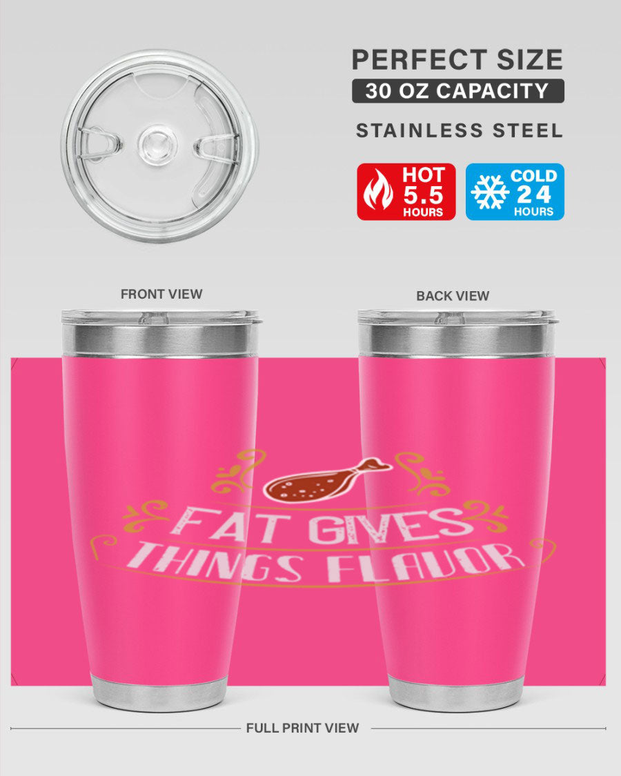 Fat Gives Things Flavor 41# Tumbler in stainless steel with a drink-thru lid, showcasing its sleek design and copper lining.