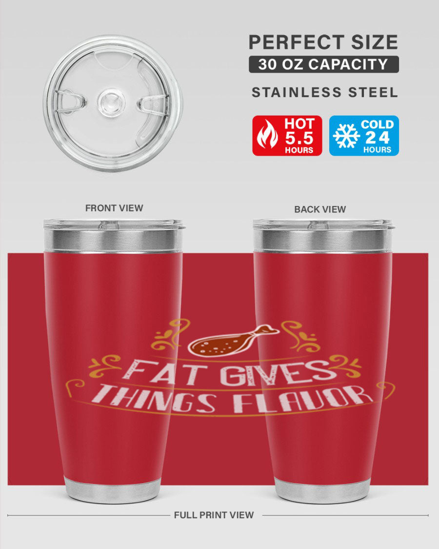 Fat Gives Things Flavor 41# Tumbler in stainless steel with a drink-thru lid, showcasing its sleek design and copper lining.