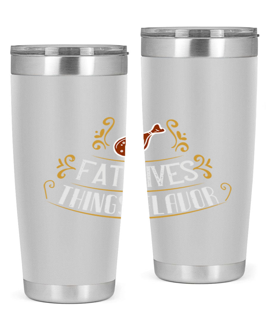 Fat Gives Things Flavor 41# Tumbler in stainless steel with a drink-thru lid, showcasing its sleek design and copper lining.