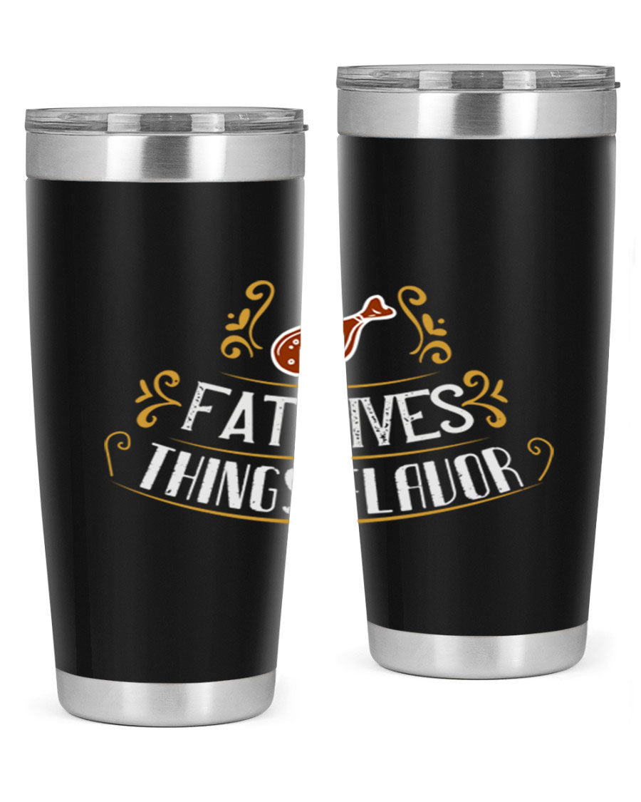 Fat Gives Things Flavor 41# Tumbler in stainless steel with a drink-thru lid, showcasing its sleek design and copper lining.