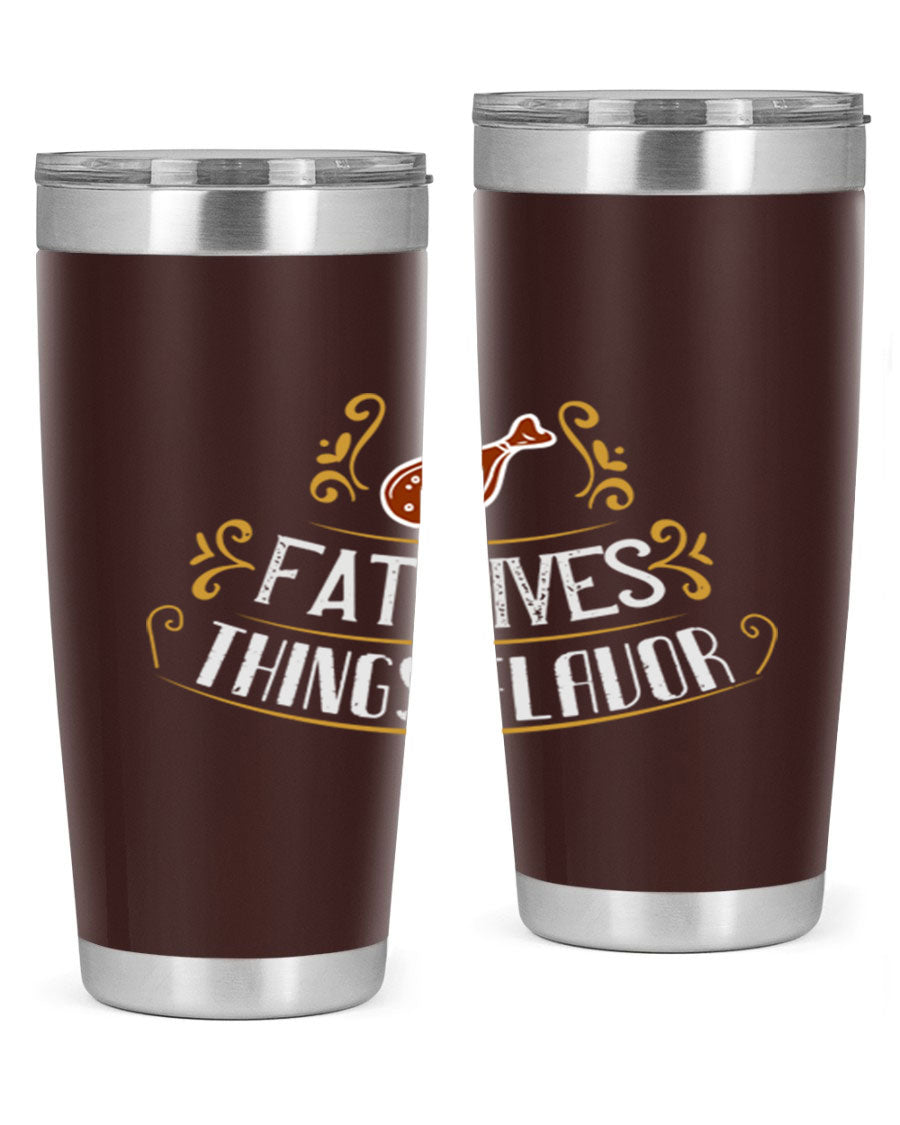 Fat Gives Things Flavor 41# Tumbler in stainless steel with a drink-thru lid, showcasing its sleek design and copper lining.