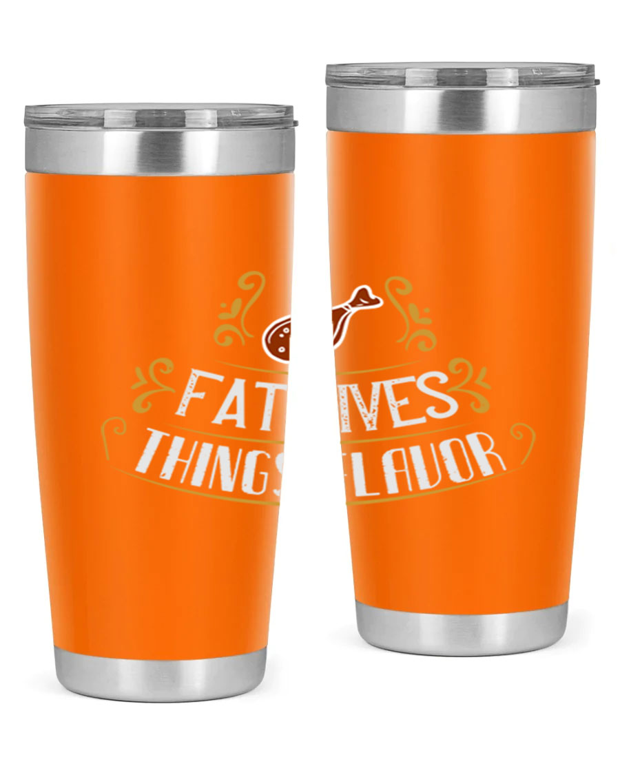Fat Gives Things Flavor 41# Tumbler in stainless steel with a drink-thru lid, showcasing its sleek design and copper lining.