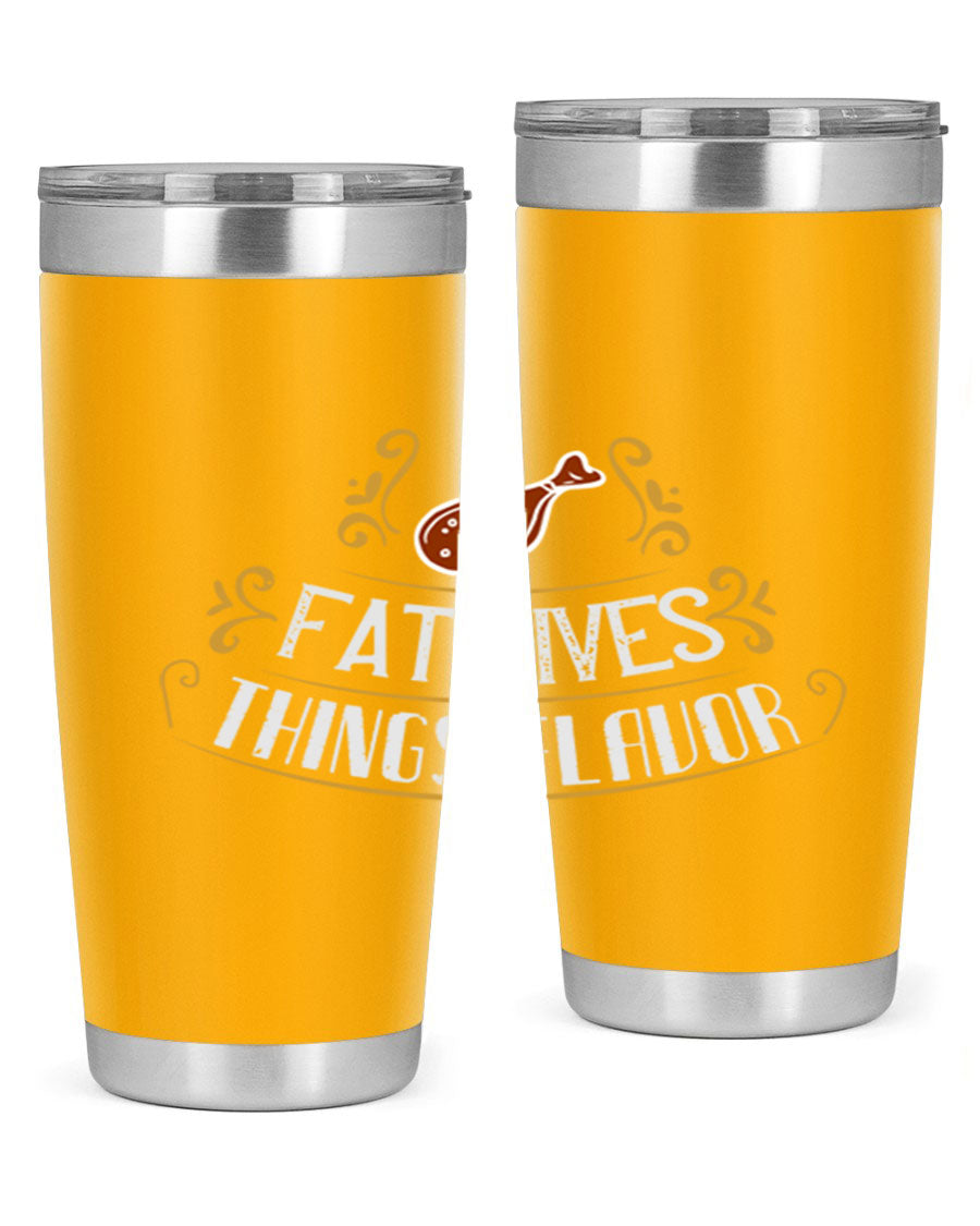 Fat Gives Things Flavor 41# Tumbler in stainless steel with a drink-thru lid, showcasing its sleek design and copper lining.