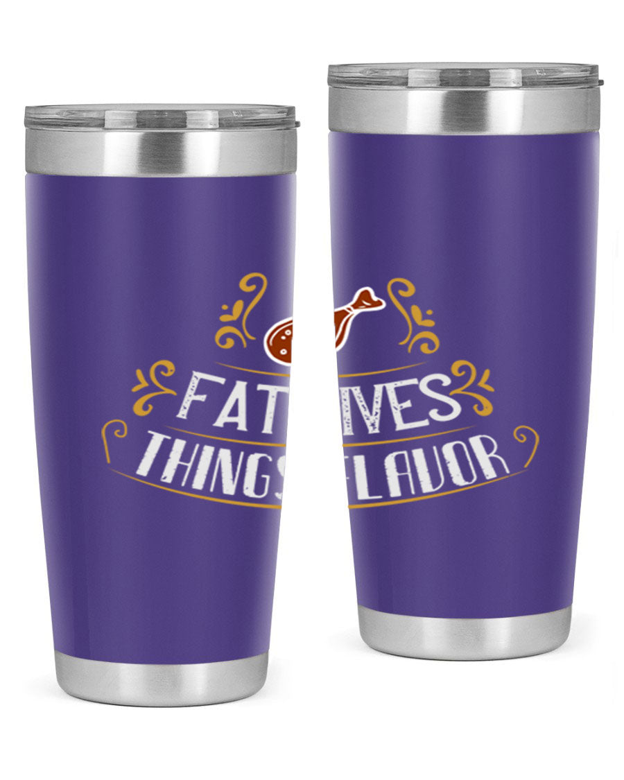 Fat Gives Things Flavor 41# Tumbler in stainless steel with a drink-thru lid, showcasing its sleek design and copper lining.