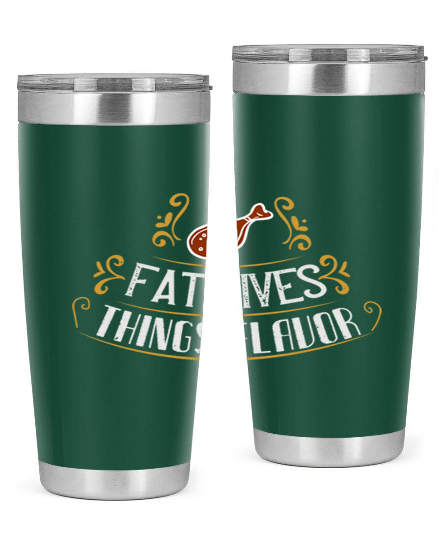 Fat Gives Things Flavor 41# Tumbler in stainless steel with a drink-thru lid, showcasing its sleek design and copper lining.
