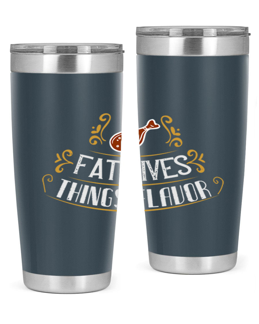 Fat Gives Things Flavor 41# Tumbler in stainless steel with a drink-thru lid, showcasing its sleek design and copper lining.