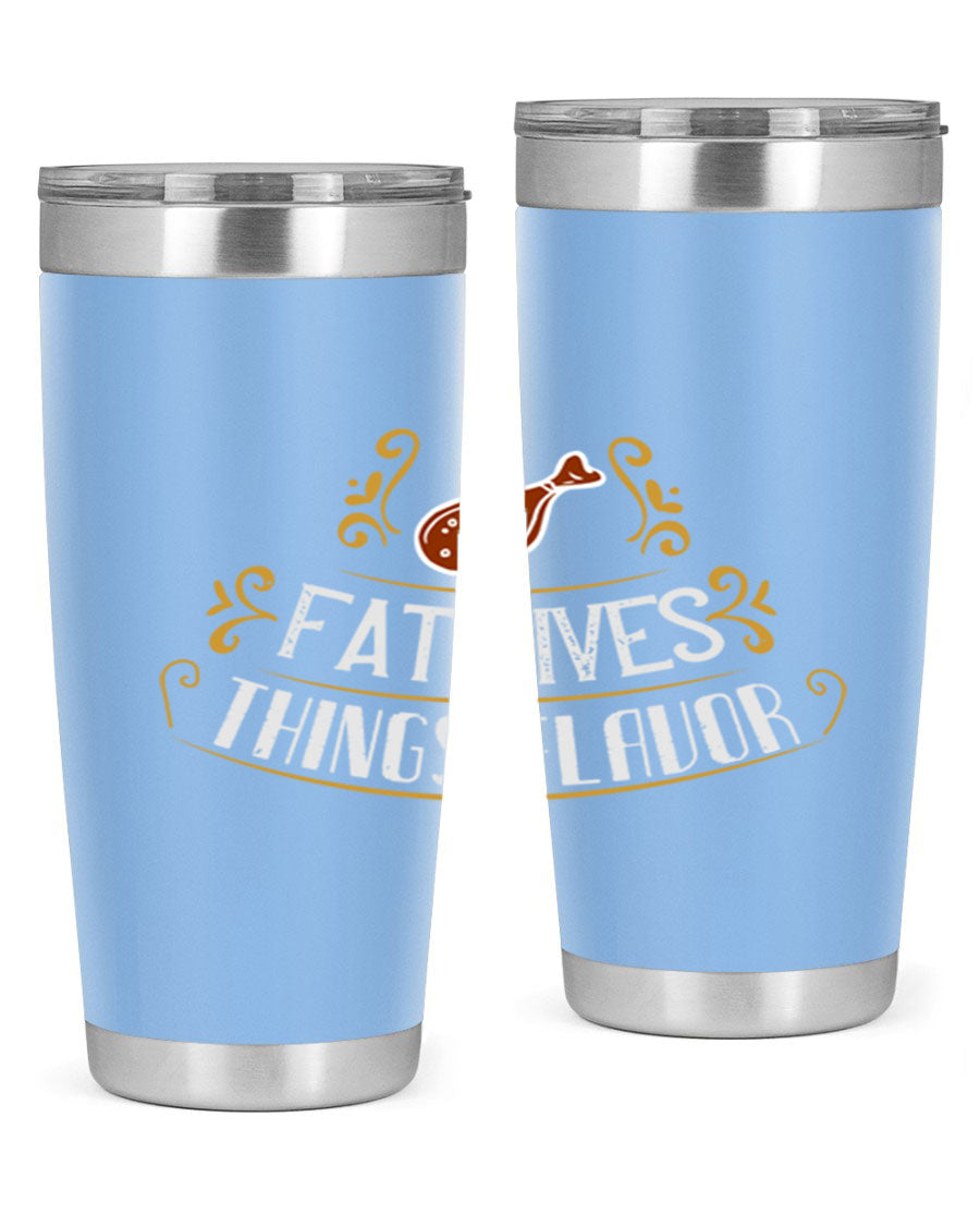 Fat Gives Things Flavor 41# Tumbler in stainless steel with a drink-thru lid, showcasing its sleek design and copper lining.
