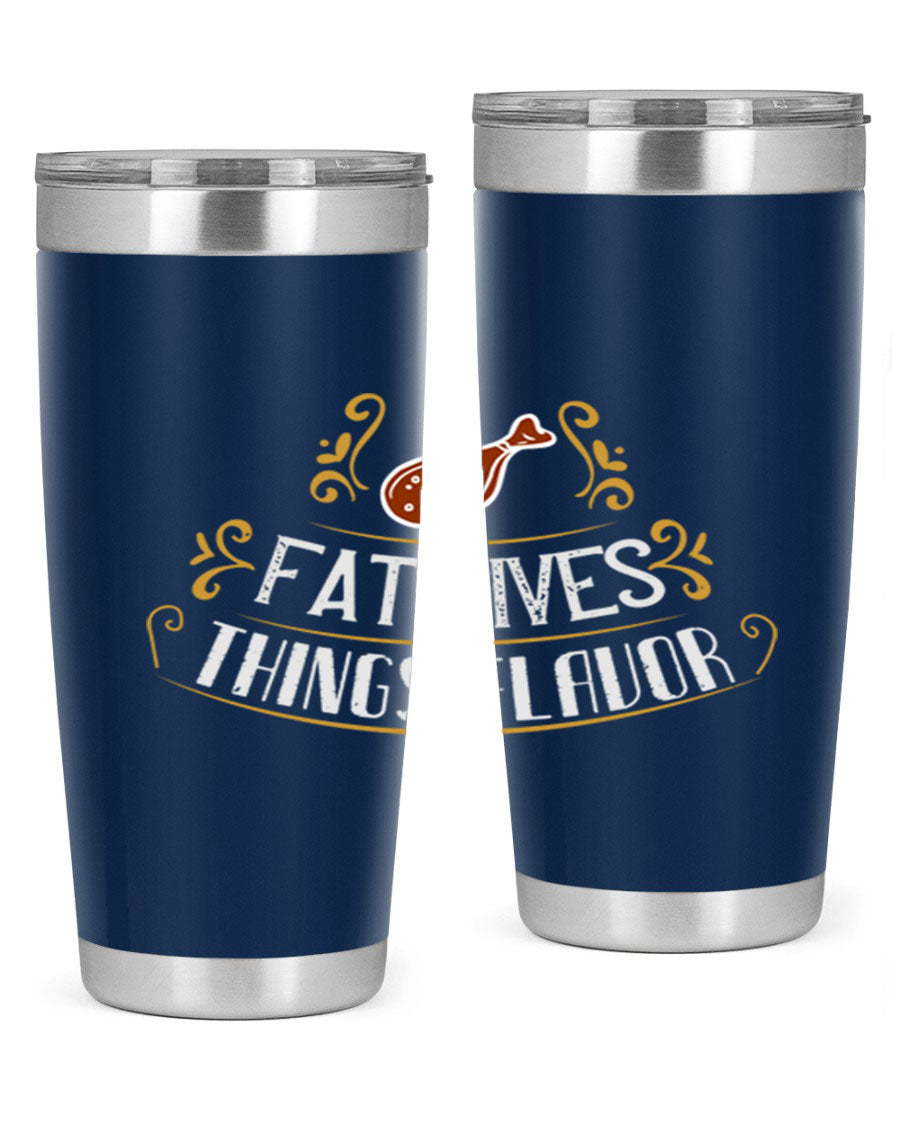Fat Gives Things Flavor 41# Tumbler in stainless steel with a drink-thru lid, showcasing its sleek design and copper lining.
