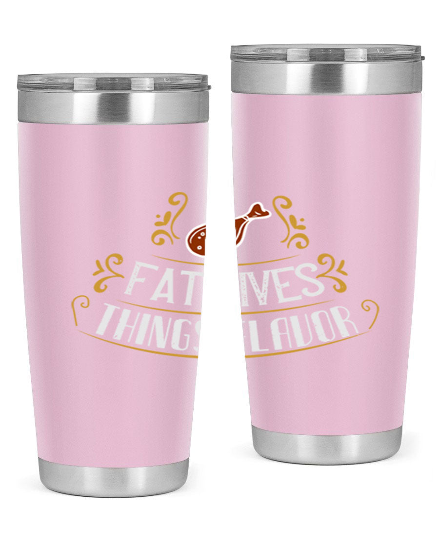Fat Gives Things Flavor 41# Tumbler in stainless steel with a drink-thru lid, showcasing its sleek design and copper lining.