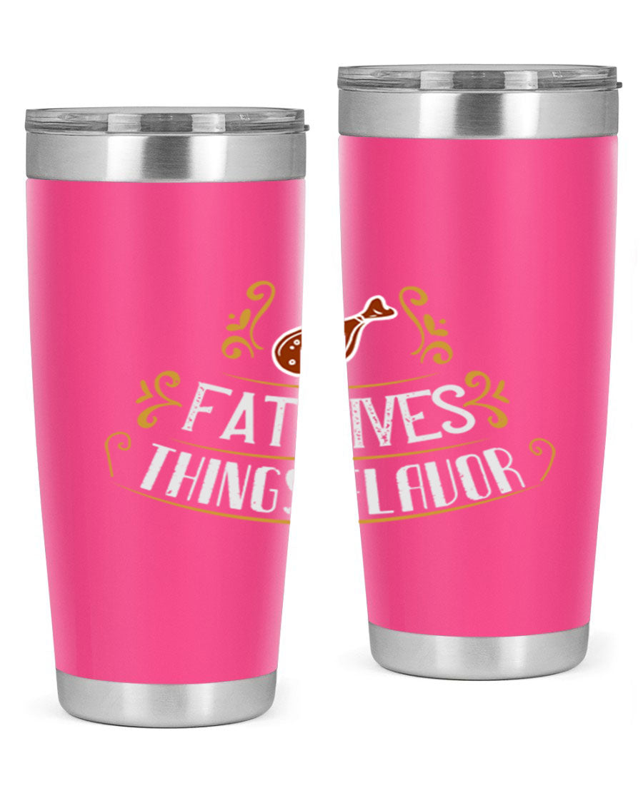 Fat Gives Things Flavor 41# Tumbler in stainless steel with a drink-thru lid, showcasing its sleek design and copper lining.