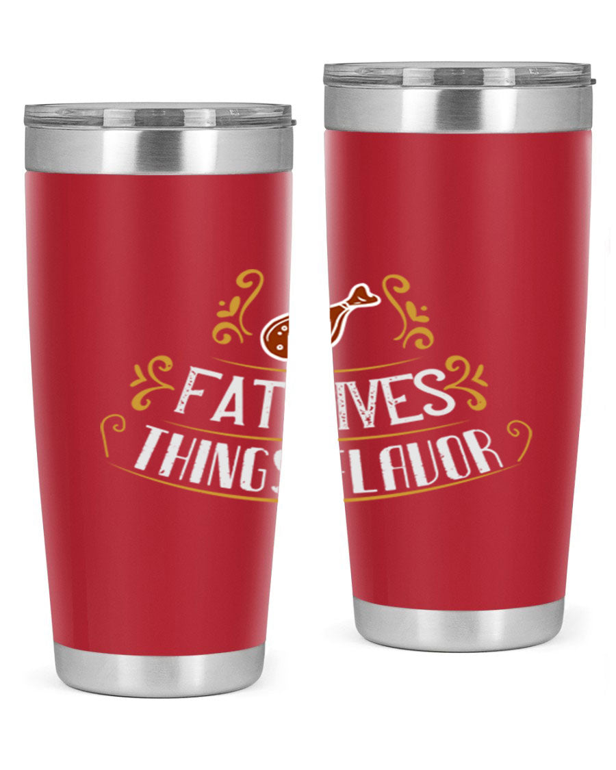 Fat Gives Things Flavor 41# Tumbler in stainless steel with a drink-thru lid, showcasing its sleek design and copper lining.