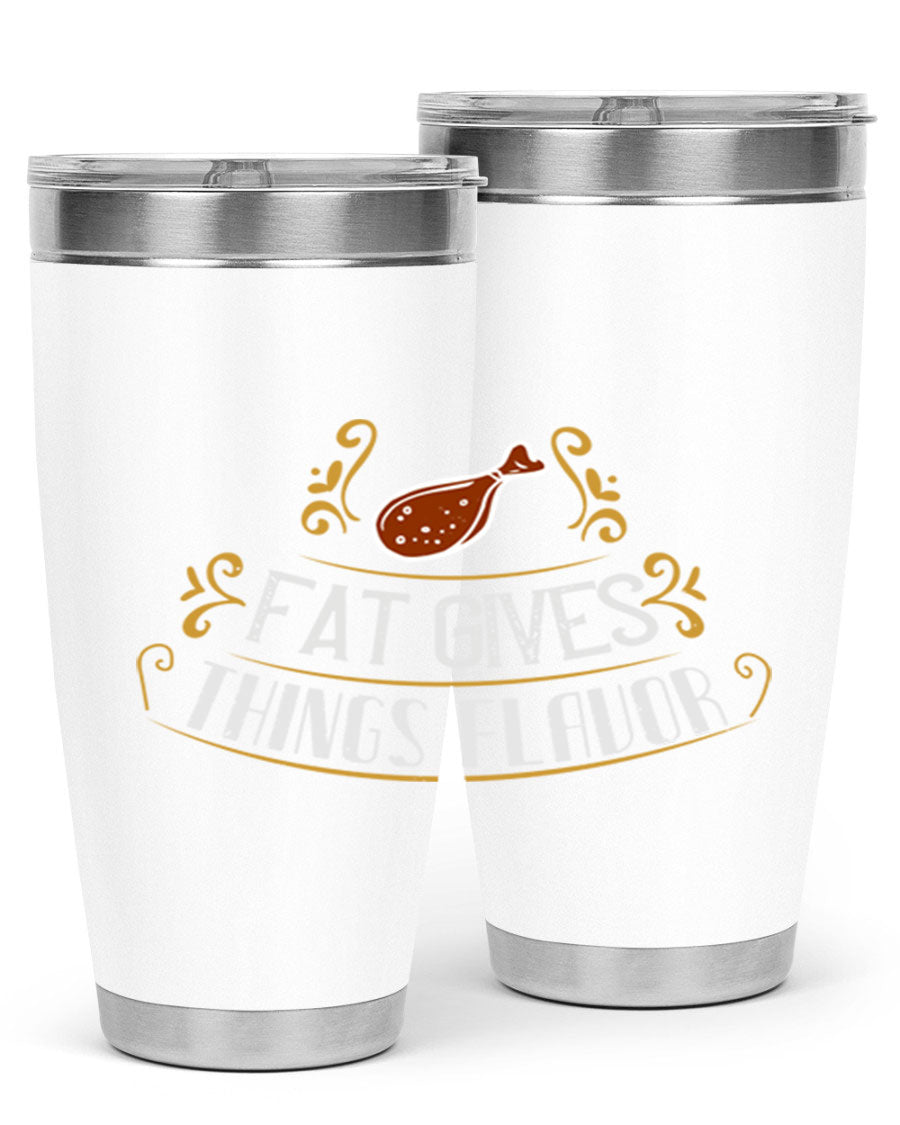 Fat Gives Things Flavor 41# Tumbler in stainless steel with a drink-thru lid, showcasing its sleek design and copper lining.