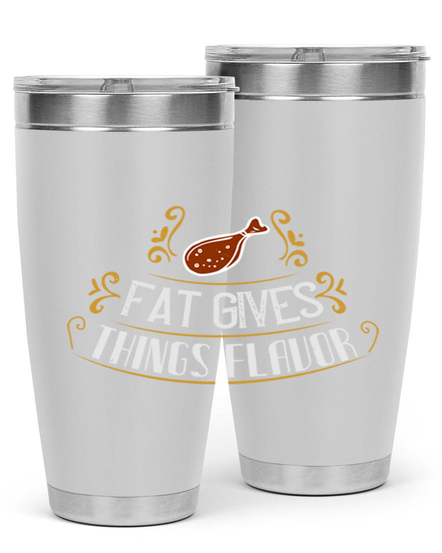 Fat Gives Things Flavor 41# Tumbler in stainless steel with a drink-thru lid, showcasing its sleek design and copper lining.
