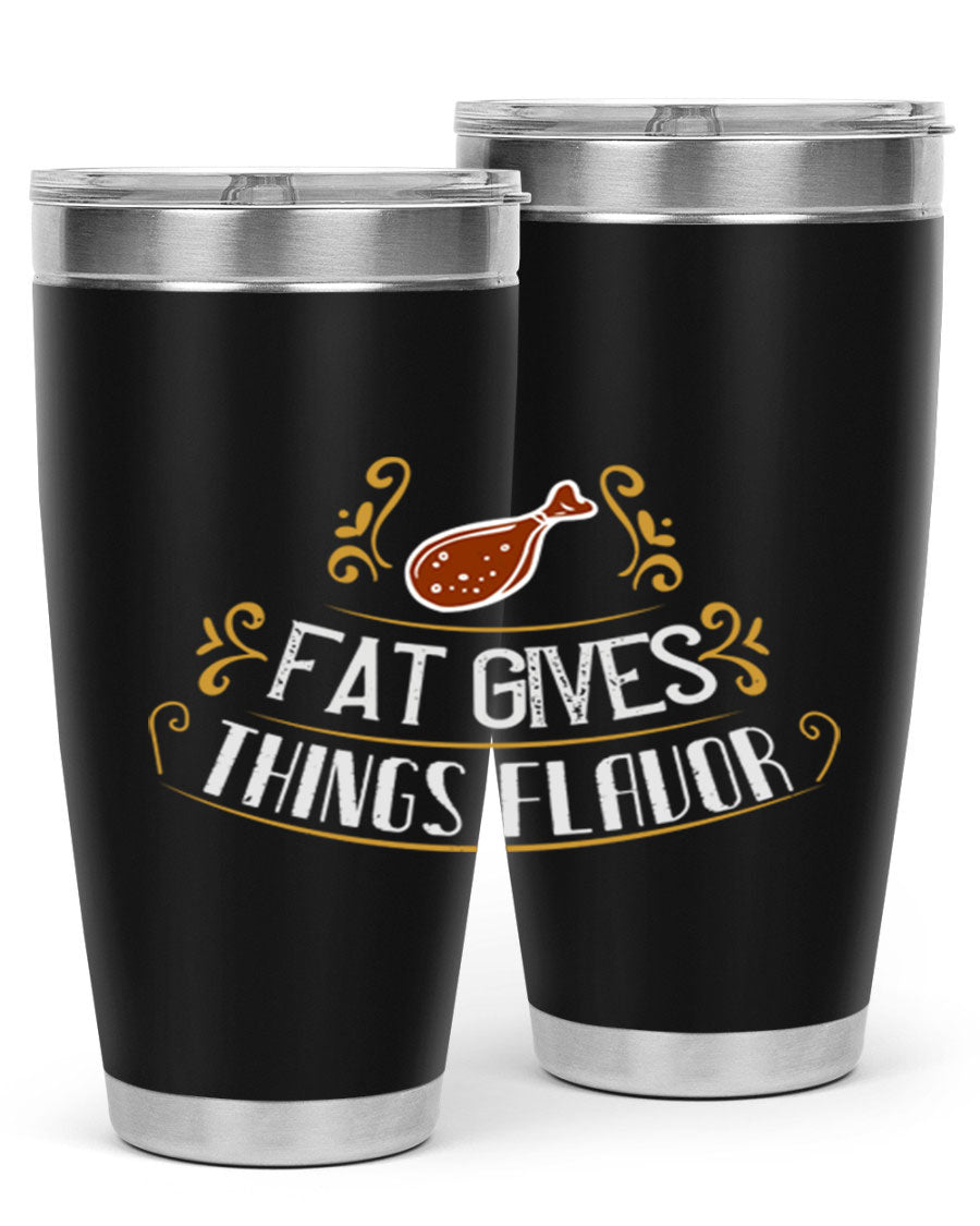 Fat Gives Things Flavor 41# Tumbler in stainless steel with a drink-thru lid, showcasing its sleek design and copper lining.