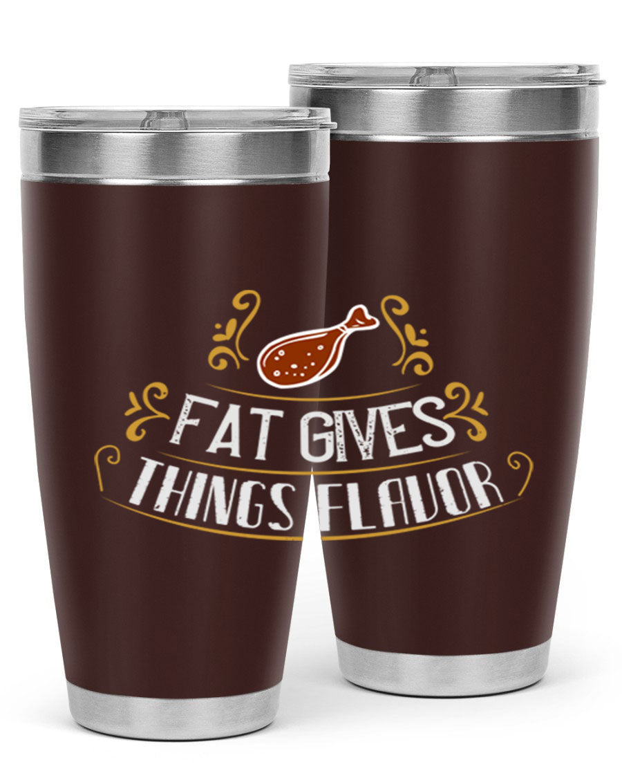 Fat Gives Things Flavor 41# Tumbler in stainless steel with a drink-thru lid, showcasing its sleek design and copper lining.