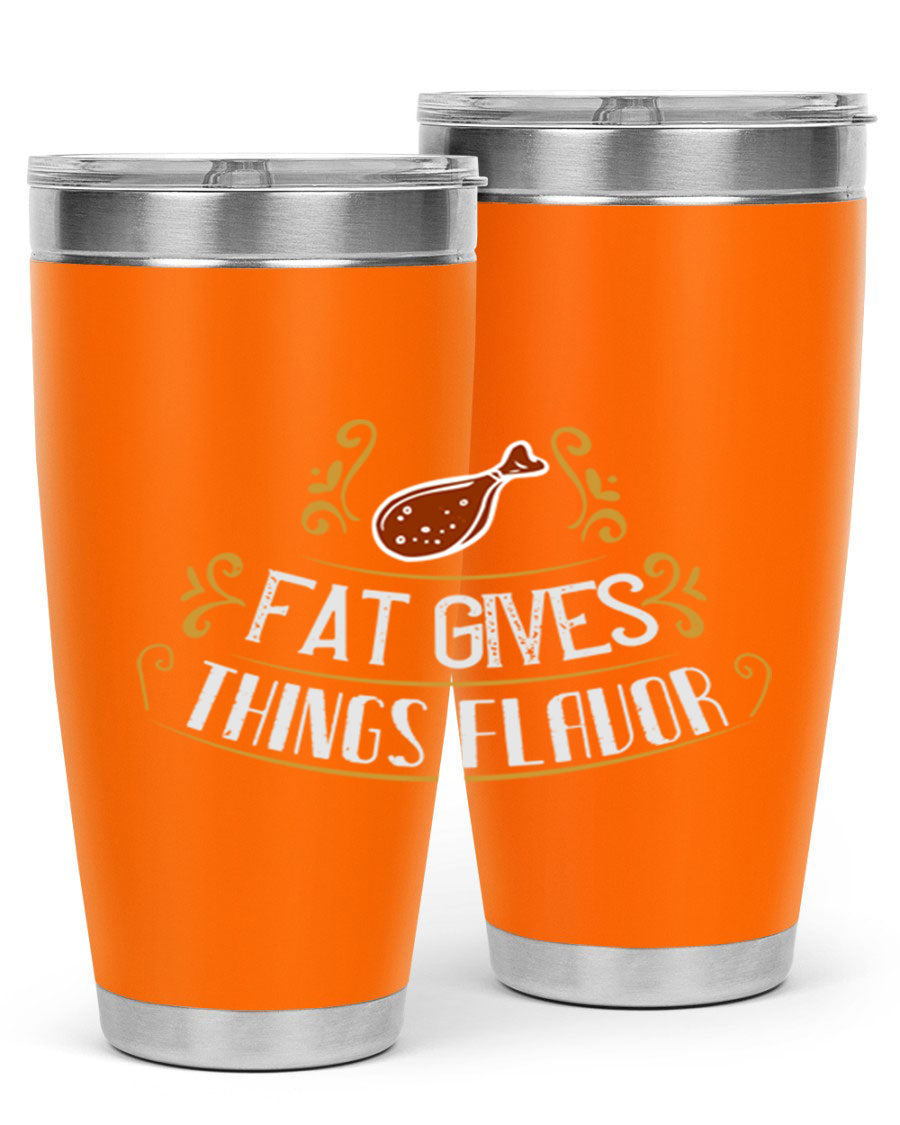 Fat Gives Things Flavor 41# Tumbler in stainless steel with a drink-thru lid, showcasing its sleek design and copper lining.