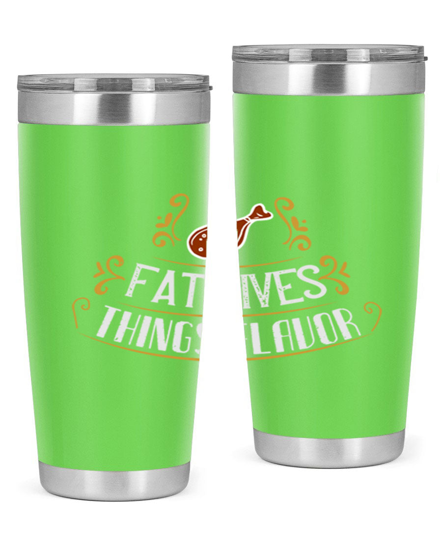 Fat Gives Things Flavor 41# Tumbler in stainless steel with a drink-thru lid, showcasing its sleek design and copper lining.