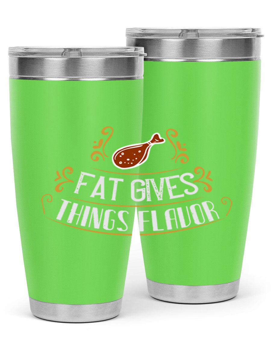 Fat Gives Things Flavor 41# Tumbler in stainless steel with a drink-thru lid, showcasing its sleek design and copper lining.