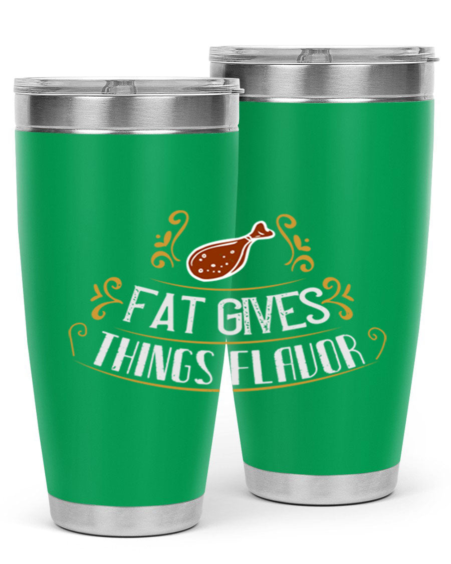 Fat Gives Things Flavor 41# Tumbler in stainless steel with a drink-thru lid, showcasing its sleek design and copper lining.