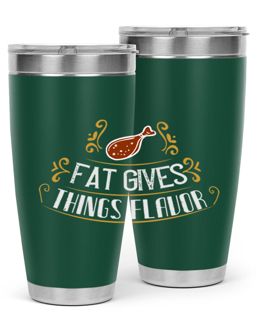 Fat Gives Things Flavor 41# Tumbler in stainless steel with a drink-thru lid, showcasing its sleek design and copper lining.