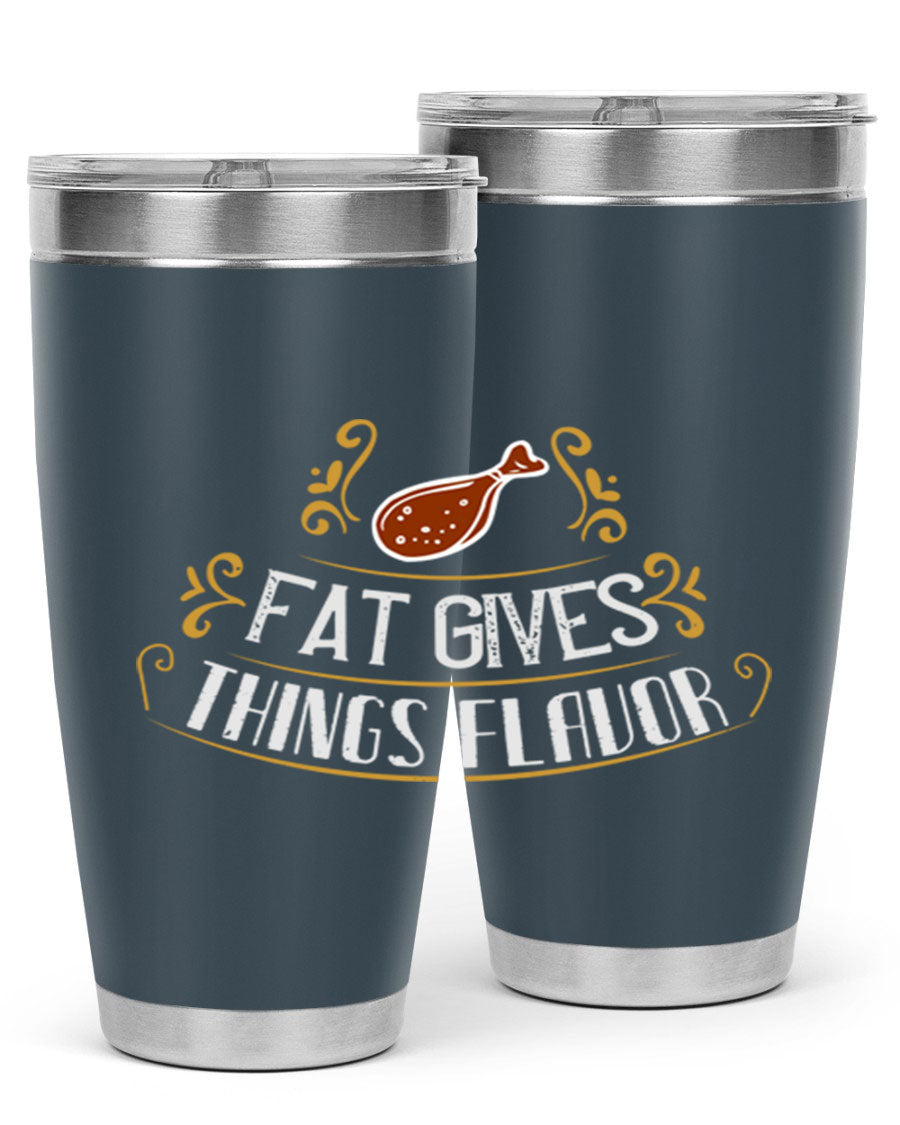 Fat Gives Things Flavor 41# Tumbler in stainless steel with a drink-thru lid, showcasing its sleek design and copper lining.