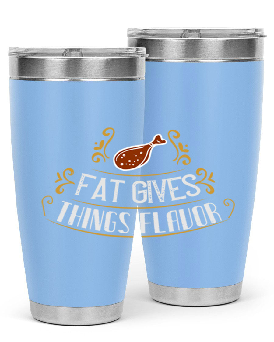 Fat Gives Things Flavor 41# Tumbler in stainless steel with a drink-thru lid, showcasing its sleek design and copper lining.