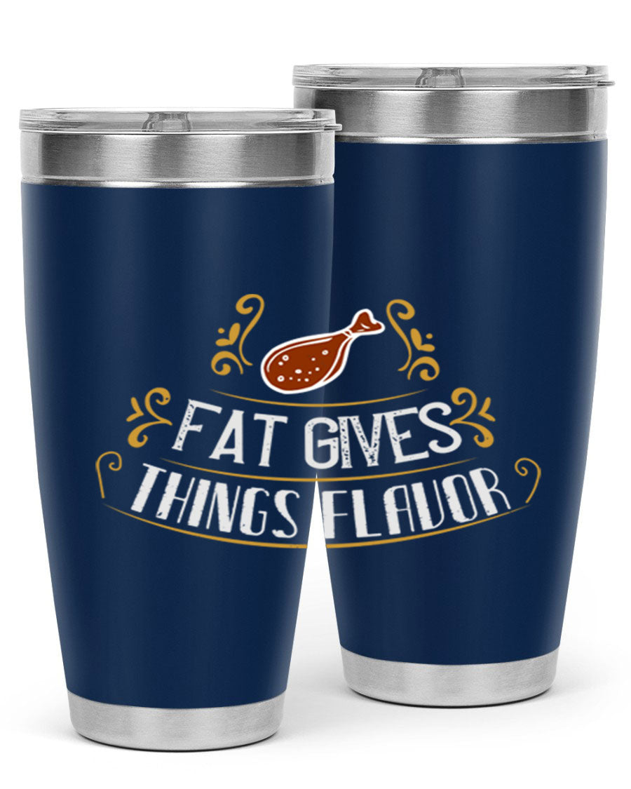 Fat Gives Things Flavor 41# Tumbler in stainless steel with a drink-thru lid, showcasing its sleek design and copper lining.