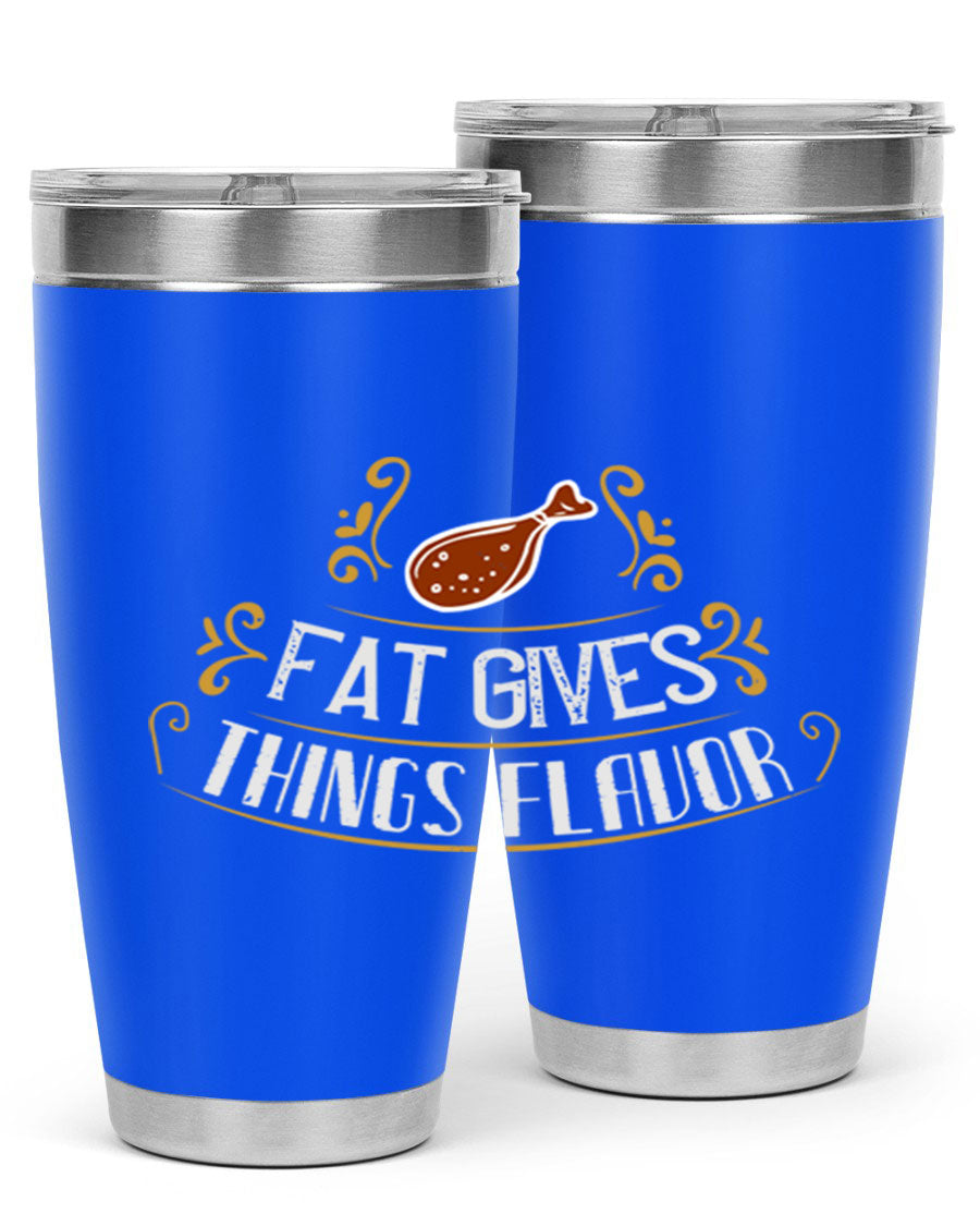 Fat Gives Things Flavor 41# Tumbler in stainless steel with a drink-thru lid, showcasing its sleek design and copper lining.