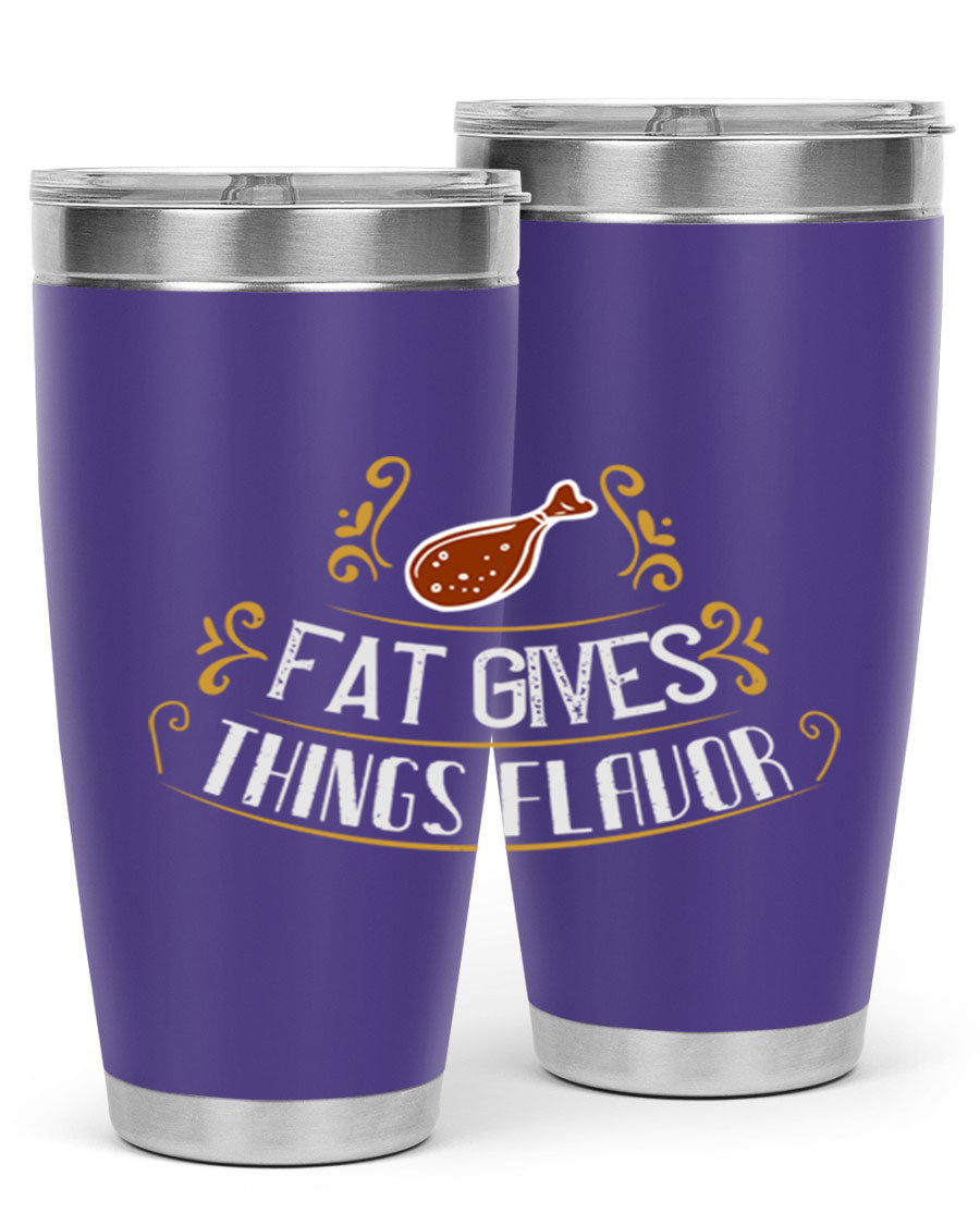 Fat Gives Things Flavor 41# Tumbler in stainless steel with a drink-thru lid, showcasing its sleek design and copper lining.