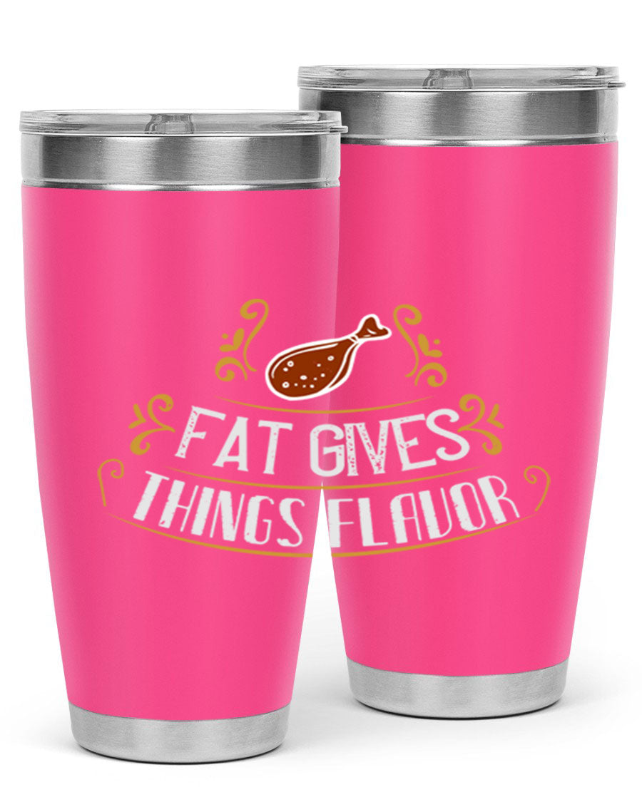 Fat Gives Things Flavor 41# Tumbler in stainless steel with a drink-thru lid, showcasing its sleek design and copper lining.