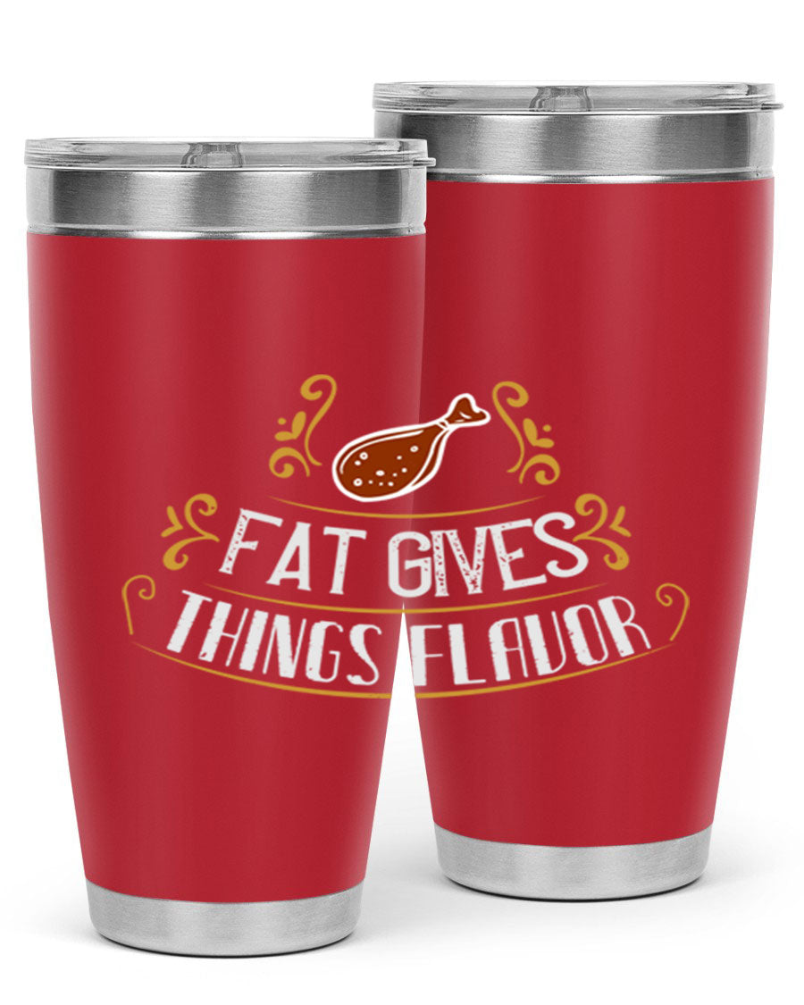 Fat Gives Things Flavor 41# Tumbler in stainless steel with a drink-thru lid, showcasing its sleek design and copper lining.