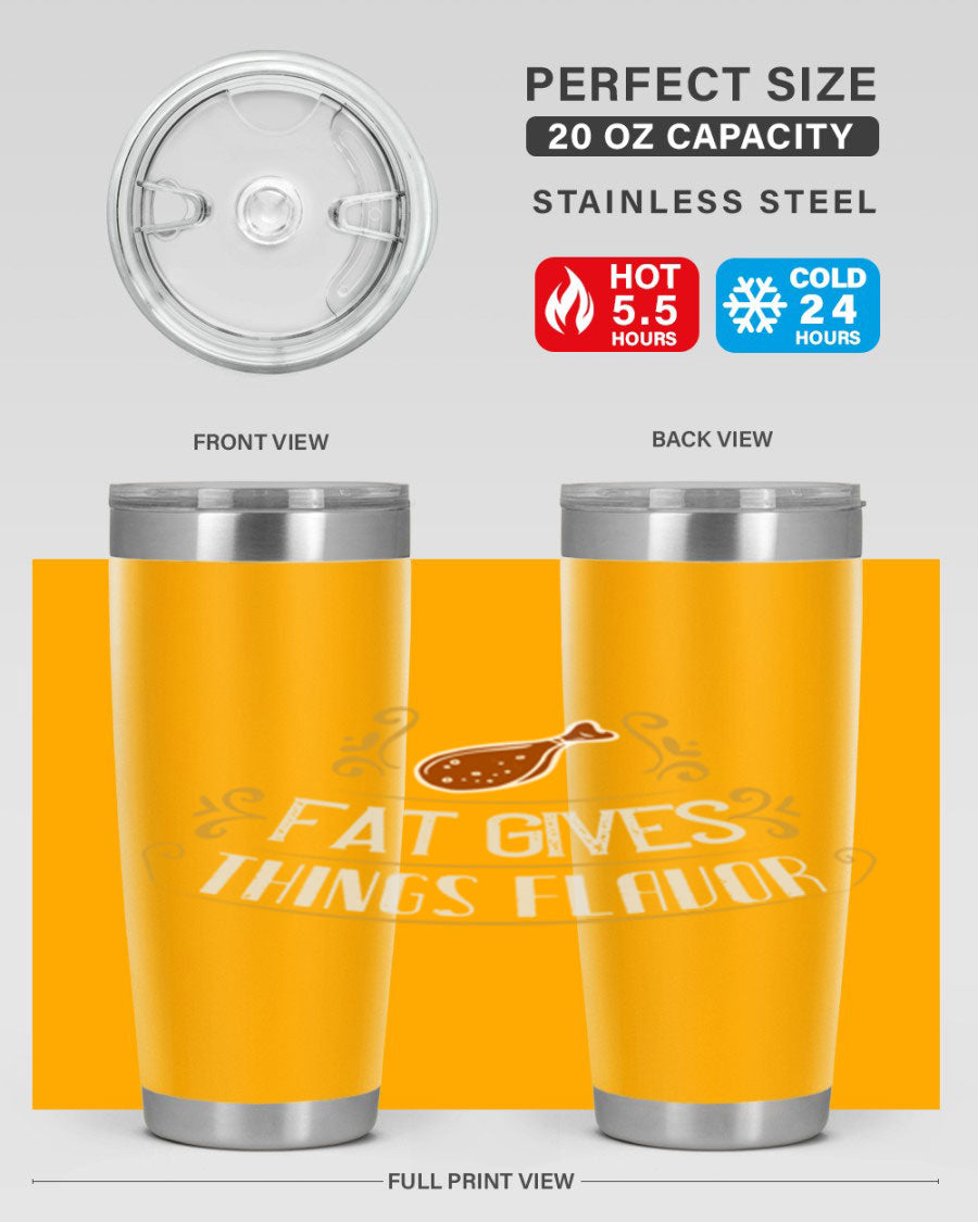 Fat Gives Things Flavor 41# Tumbler in stainless steel with a drink-thru lid, showcasing its sleek design and copper lining.