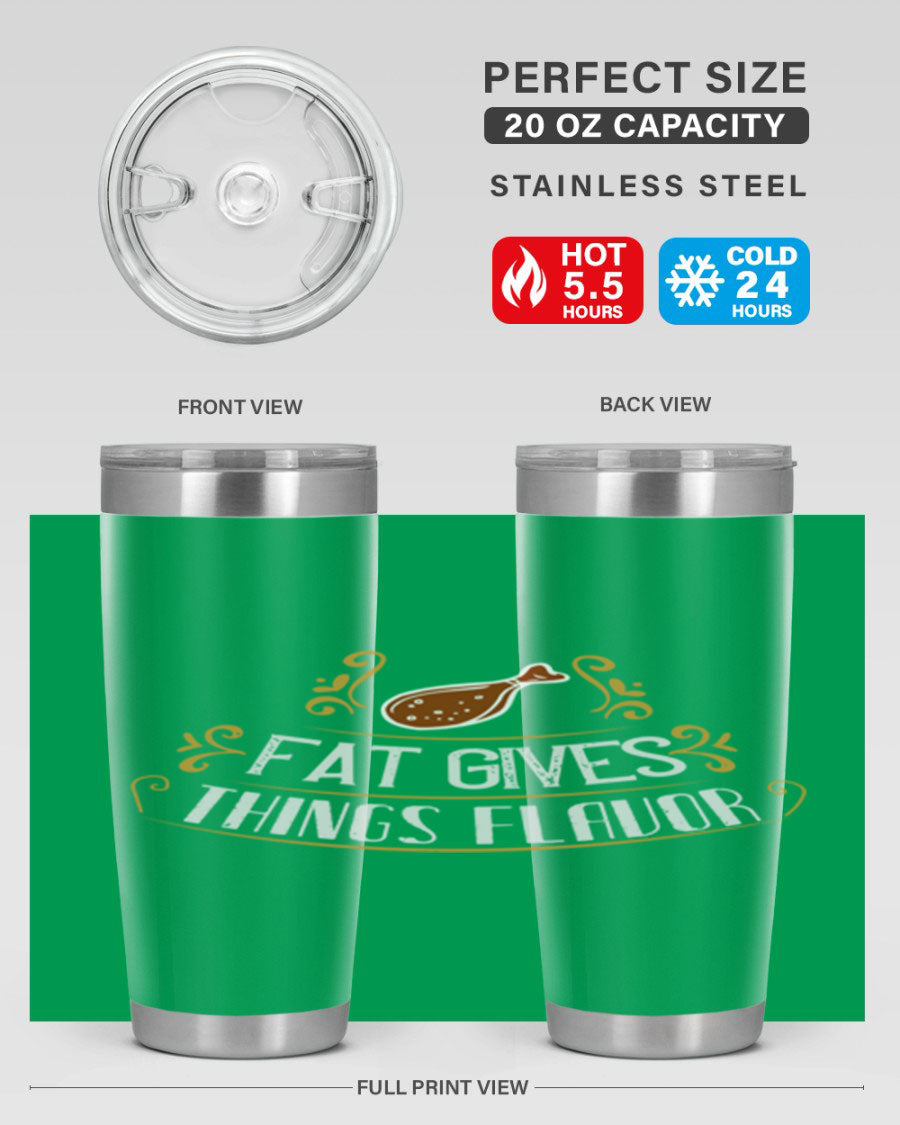 Fat Gives Things Flavor 41# Tumbler in stainless steel with a drink-thru lid, showcasing its sleek design and copper lining.