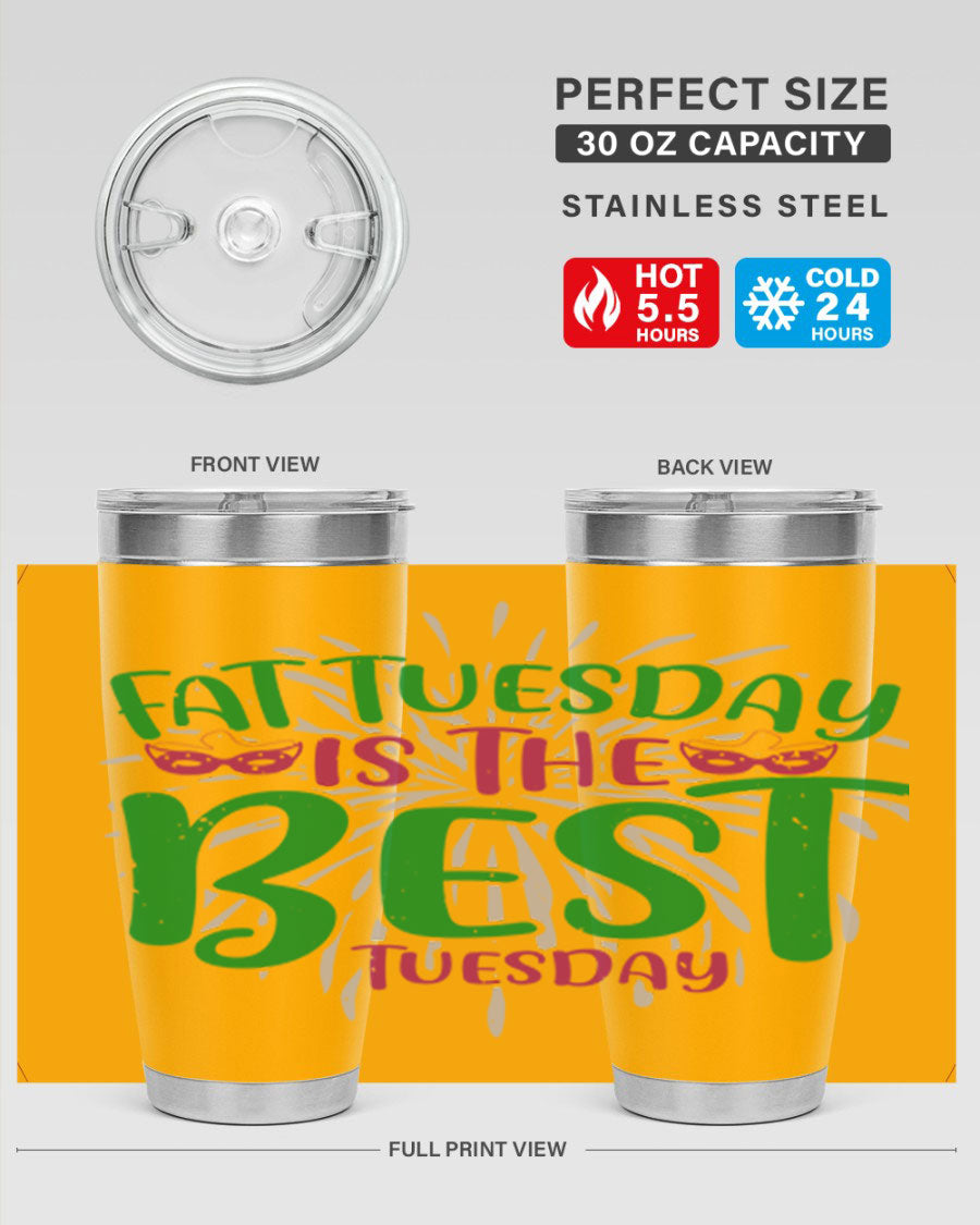 Fat Tuesday is the Best Tuesday 88# tumbler in vibrant colors, showcasing its double wall vacuum stainless steel design and drink-thru lid.