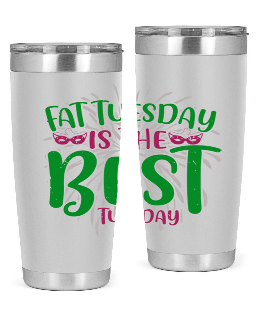 Fat Tuesday is the Best Tuesday 88# tumbler in vibrant colors, showcasing its double wall vacuum stainless steel design and drink-thru lid.
