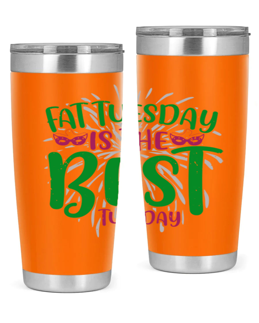 Fat Tuesday is the Best Tuesday 88# tumbler in vibrant colors, showcasing its double wall vacuum stainless steel design and drink-thru lid.