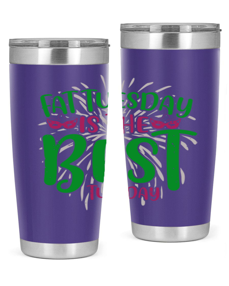Fat Tuesday is the Best Tuesday 88# tumbler in vibrant colors, showcasing its double wall vacuum stainless steel design and drink-thru lid.