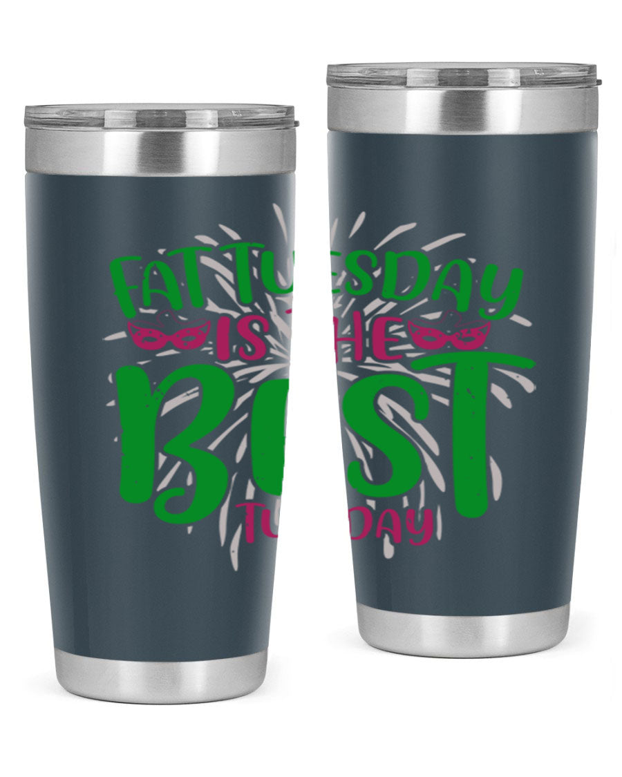 Fat Tuesday is the Best Tuesday 88# tumbler in vibrant colors, showcasing its double wall vacuum stainless steel design and drink-thru lid.