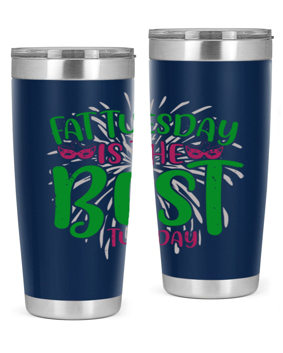 Fat Tuesday is the Best Tuesday 88# tumbler in vibrant colors, showcasing its double wall vacuum stainless steel design and drink-thru lid.